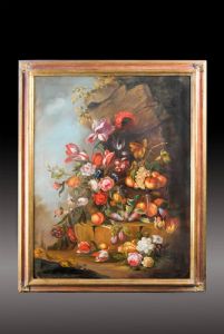 COPPIA DI GRANDI NATURE MORTE OLANDESI DELL'OTTOCENTO CON FIORI E FRUTTA - oli su tela    (1)    (NEW ENTRY)